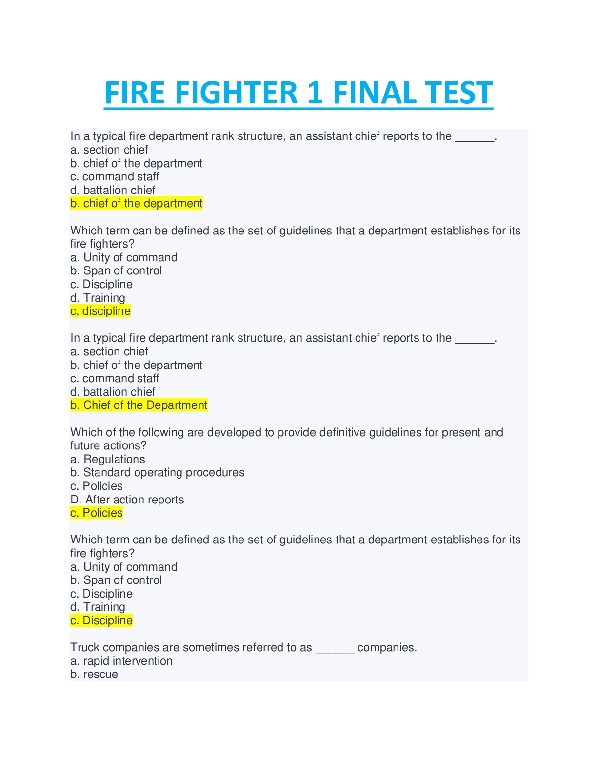 Preview image for FIRE FIGHTER 1 FINAL ACTUAL EXAM QUIZ BANK, NEW LATEST COMPLETE GUIDE SOLUTION|RATED AND GRADED A